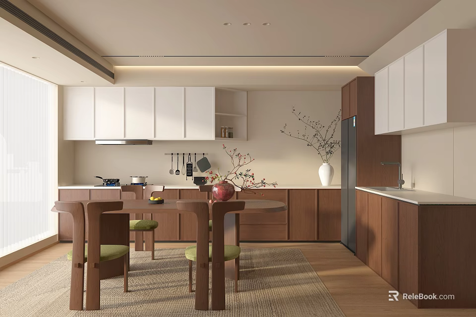Modern Kitchen Interior With White Brown Cabinets Island Dining Table And Chairs 3d model 