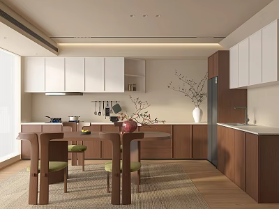 Modern Kitchen Interior With White Brown Cabinets Island Dining Table And Chairs 3d model