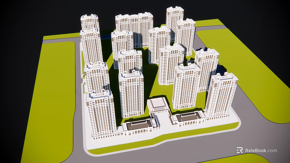 Modern High Rise Residential Complex Architectural Model With Green Areas And Roads 3d model 