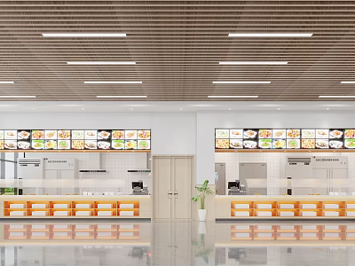 Modern Cafeteria Interior With Menu Screens Wooden Counters And Ceiling Lights 3d model