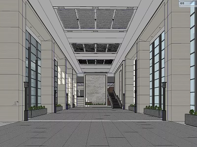 Modern Spacious Lobby Front Desk Reception With Large Windows Ceiling Grilles And Gray Floor Tiles 3d model