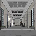 Modern Spacious Lobby Front Desk Reception With Large Windows Ceiling Grilles And Gray Floor Tiles