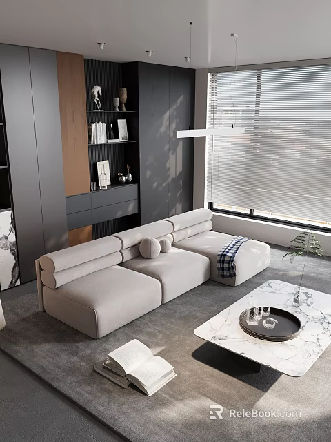 Modern Living Room With Gray L shaped Sofa Round Pillows And Marble Coffee Table 3d model 