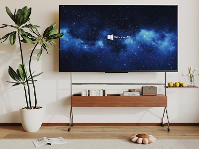 Wooden TV Stand with Large Screen TV Windows 11 Starry Sky Background and Green Plant 3d model