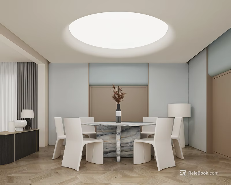 Modern Minimalist Dining Room Interior With Round Marble Table White Chairs And Round Ceiling Light 3d model