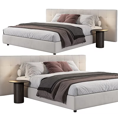 Modern Background Double Bed With Upholstered Headboard Pillows Blanket And Side Table 3d model
