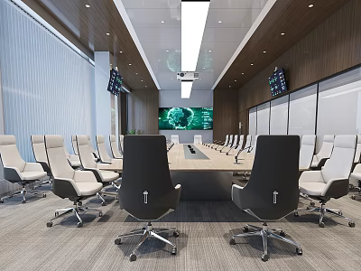 Modern Conference Room Interior With Long Table Black White Chairs Large Screen And Wooden Walls 3d model