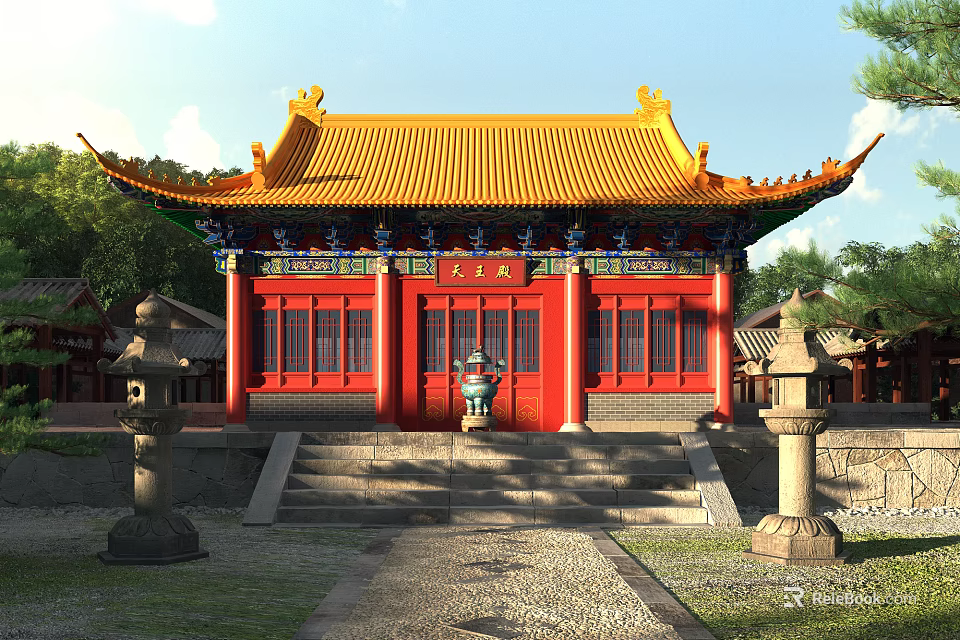 Traditional Chinese Ancient Building With Red Walls Yellow Roof And Stone Lanterns 3d model 
