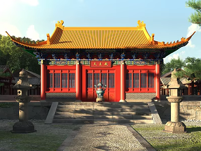 Traditional Chinese Ancient Building With Red Walls Yellow Roof And Stone Lanterns 3d model