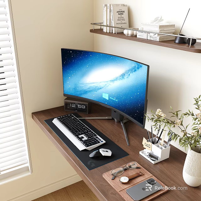 Modern Curved Computer Monitor Setup With Keyboard Mouse And Desk Accessories 3d model 