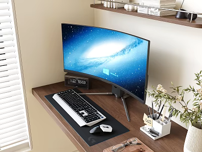 Modern Curved Computer Monitor Setup With Keyboard Mouse And Desk Accessories 3d model