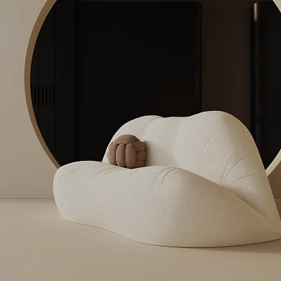 White Curved Plush Accent Chair With Brown Cushion And Round Dark Decor 3d model