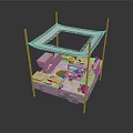 Outdoor Display Booth With White Frame Blue Striped Canopy Shelves And Decorative Items