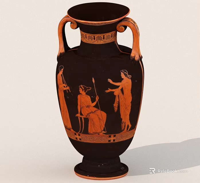 Ancient Greek Vase With Black Orange Figural Scenes Two Handles And Decorative Patterns 3d model 