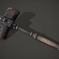 Vintage Decorative Hammer With Stone Head And Wooden Handle Featuring Metal Accents