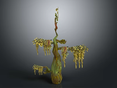 Artistic Green Plant Sculpture With Twisted Trunk And Yellow Dangling Flowers 3d model