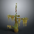 Artistic Green Plant Sculpture With Twisted Trunk And Yellow Dangling Flowers