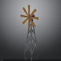 Vintage Wooden Windmill Structure With Metal Tower And Red Center Component