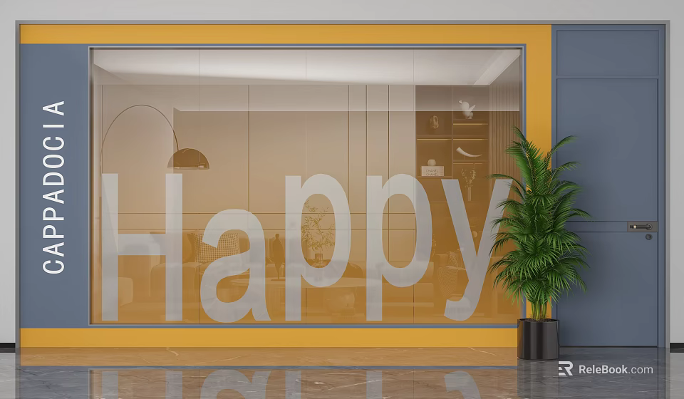 Yellow Framed Glass Partition With White Happy Lettering And Green Plant In Indoor Space 3d model 
