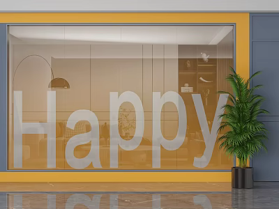 Yellow Framed Glass Partition With White Happy Lettering And Green Plant In Indoor Space 3d model