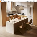 Modern Kitchen Dining Set With Wooden Table Chairs Fruits And Decorative Bottles