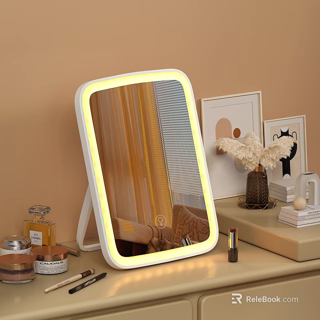 Lighted Rectangular Vanity Mirror With LED Ring Light And Cosmetics On Dresser Top 3d model 