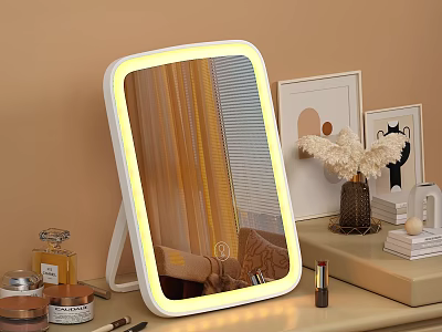 Lighted Rectangular Vanity Mirror With LED Ring Light And Cosmetics On Dresser Top 3d model