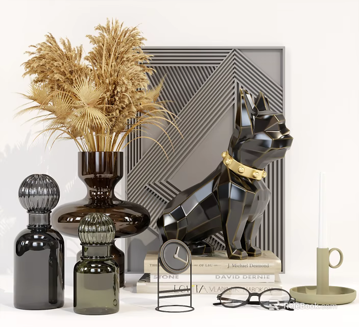 Elegant Decorative Ornament Set With Golden Dried Flowers Black Geometric Bulldog Figurine And Glass Bottles 3d model 
