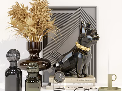 Elegant Decorative Ornament Set With Golden Dried Flowers Black Geometric Bulldog Figurine And Glass Bottles 3d model