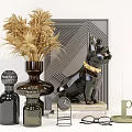 Elegant Decorative Ornament Set With Golden Dried Flowers Black Geometric Bulldog Figurine And Glass Bottles