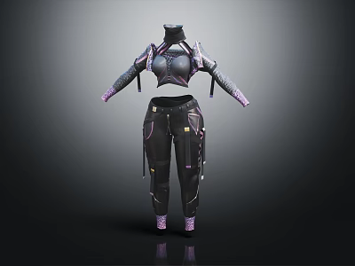 Futuristic Black Tactical Clothing Set With Purple Accents Shoulder Armor And Strapped Pants 3d model