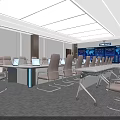 Modern Professional Conference Room Interior With Long Table Gray Chairs And Blue Backdrop