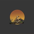 Rustic Sunset Country Scene With Wooden Hut Bird Green Grass And Stones