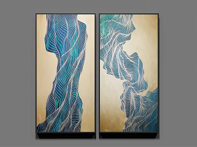 Abstract Painting Pair Featuring Blue Fluid Lines And Gold Background For Interior Design 3d model