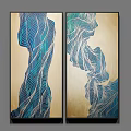 Abstract Painting Pair Featuring Blue Fluid Lines And Gold Background For Interior Design
