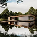 Modern Detached Villa Exterior Design With Scenic Water Reflection Surrounded by Trees