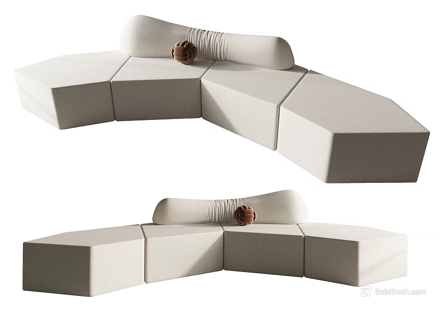 Light Colored Modular Sectional Sofa With Curved Design And Brown Decorative Ball 3d model