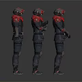 Three Tactical Soldiers In Black Armored Suits With Red Scarves And Helmets