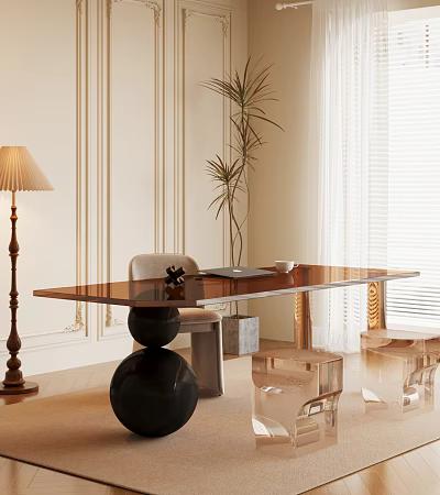 Modern Work Desk Interior Design With Table Lamp Chair Plant And Laptop 3d model