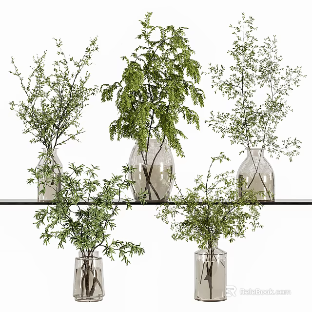 Elegant Glass Vases with Fresh Green Foliage Arranged on Black Metal Shelf 3d model 