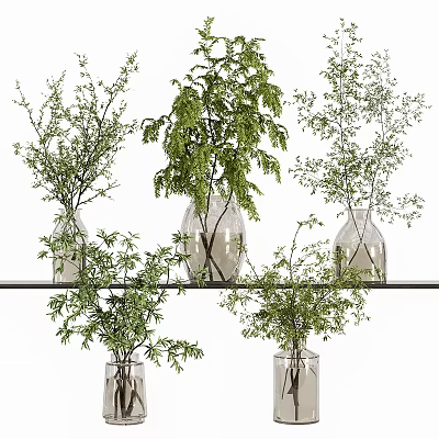 Elegant Glass Vases with Fresh Green Foliage Arranged on Black Metal Shelf 3d model