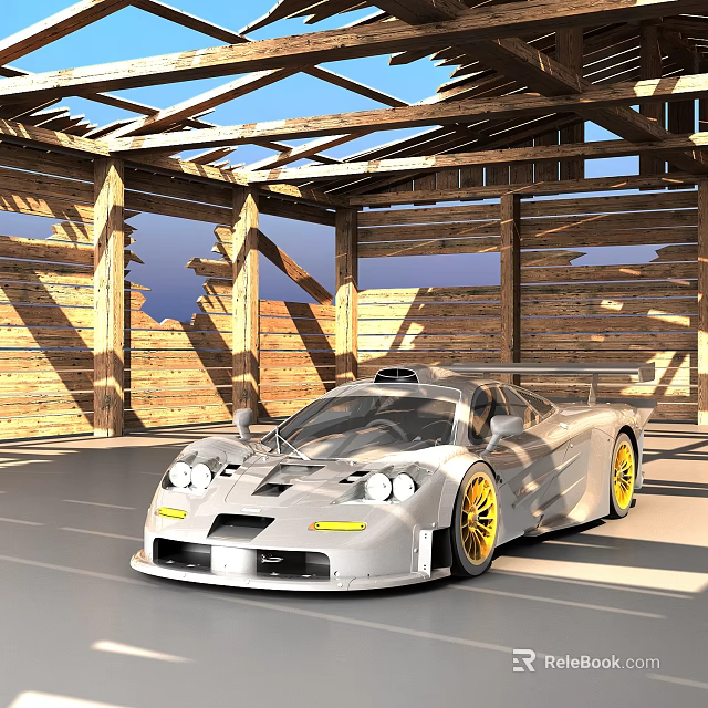 Stunning Silver Racing Car With Yellow Wheels In Wooden Garage Interior 3d model 