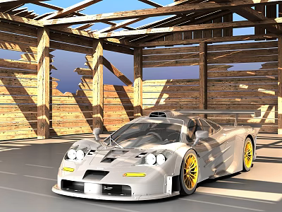 Stunning Silver Racing Car With Yellow Wheels In Wooden Garage Interior 3d model