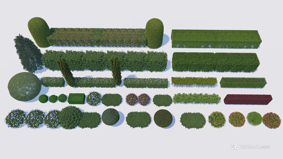 Diverse Shrub Varieties With Trimmed Shapes And Different Sizes For Garden Landscaping 3d model 