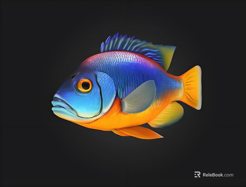 Colorful Tropical Fish With Vibrant Blue Orange And Yellow Scales On Black Background 3d model 