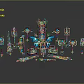 Ornate 3D Rendered Weapons in Blue and Gold with Swords Staves Axes and Various Designs