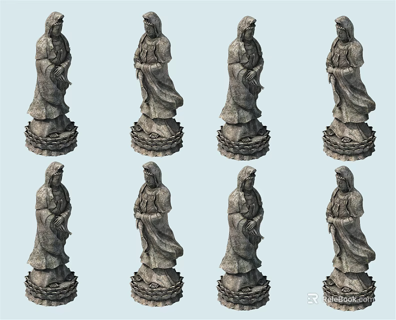 Artistic Hand Carved Stone Sculptures With Robed Figures On Ornate Pedestals 3d model 