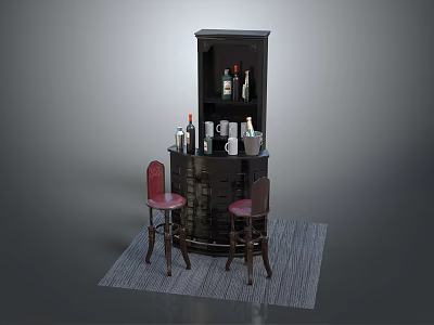 Stylish Black Bar Counter With Red Stools Wine Bottles Glasses And Gray Rug 3d model