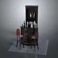 Stylish Black Bar Counter With Red Stools Wine Bottles Glasses And Gray Rug