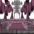 Elegant Banquet Hall with Purple Curtains Chandeliers Pink Runway and Floral Decorations